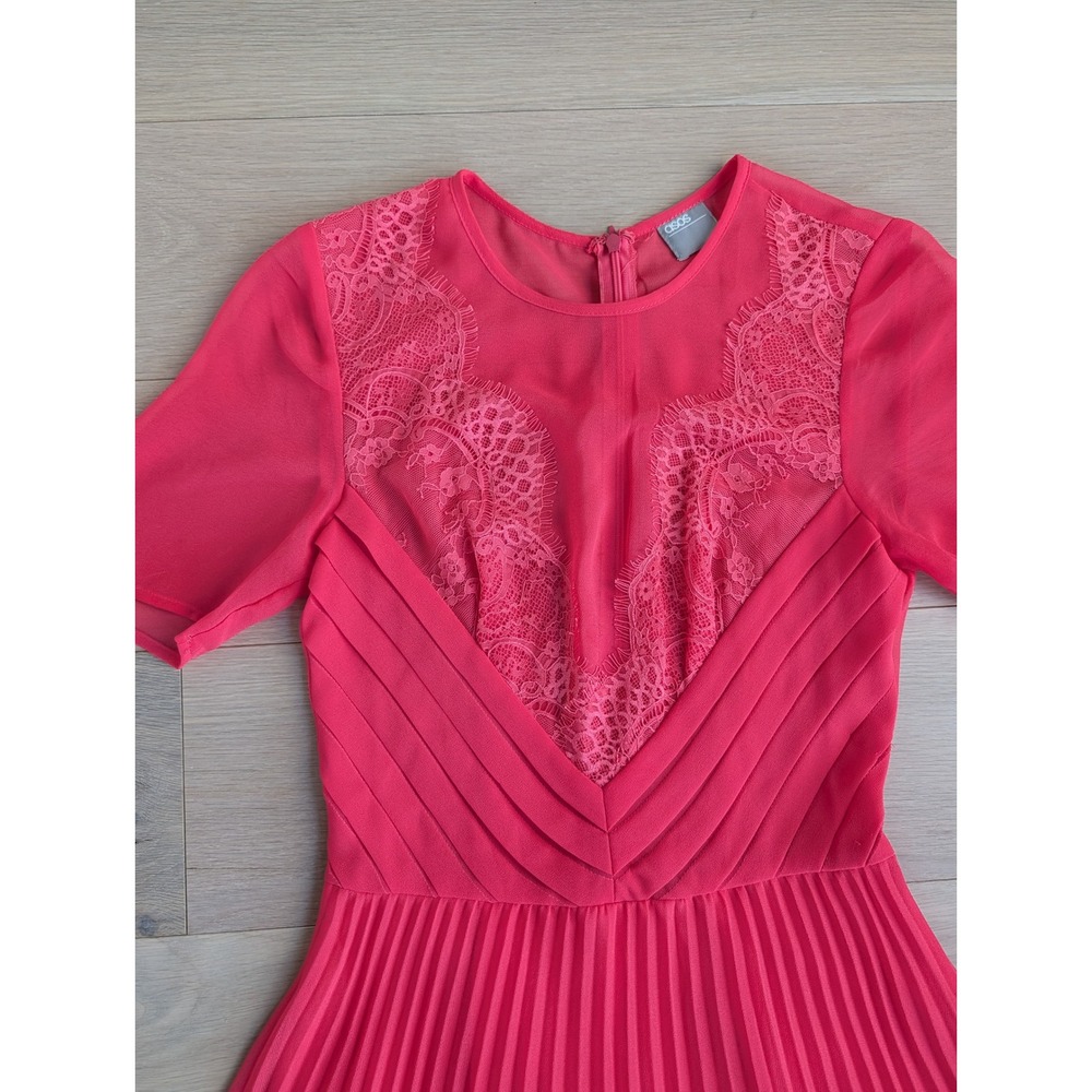 Asos Women's Coral Pleated Lace Bodice Short Sleeve Midi Dress Us 2 - Picture 7 of 12
